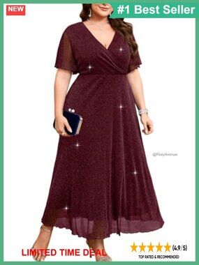 Plus Size Sparkly Maxi Dress V-Neck Wrap Ruffle Sleeve A-Line Glitter Gown